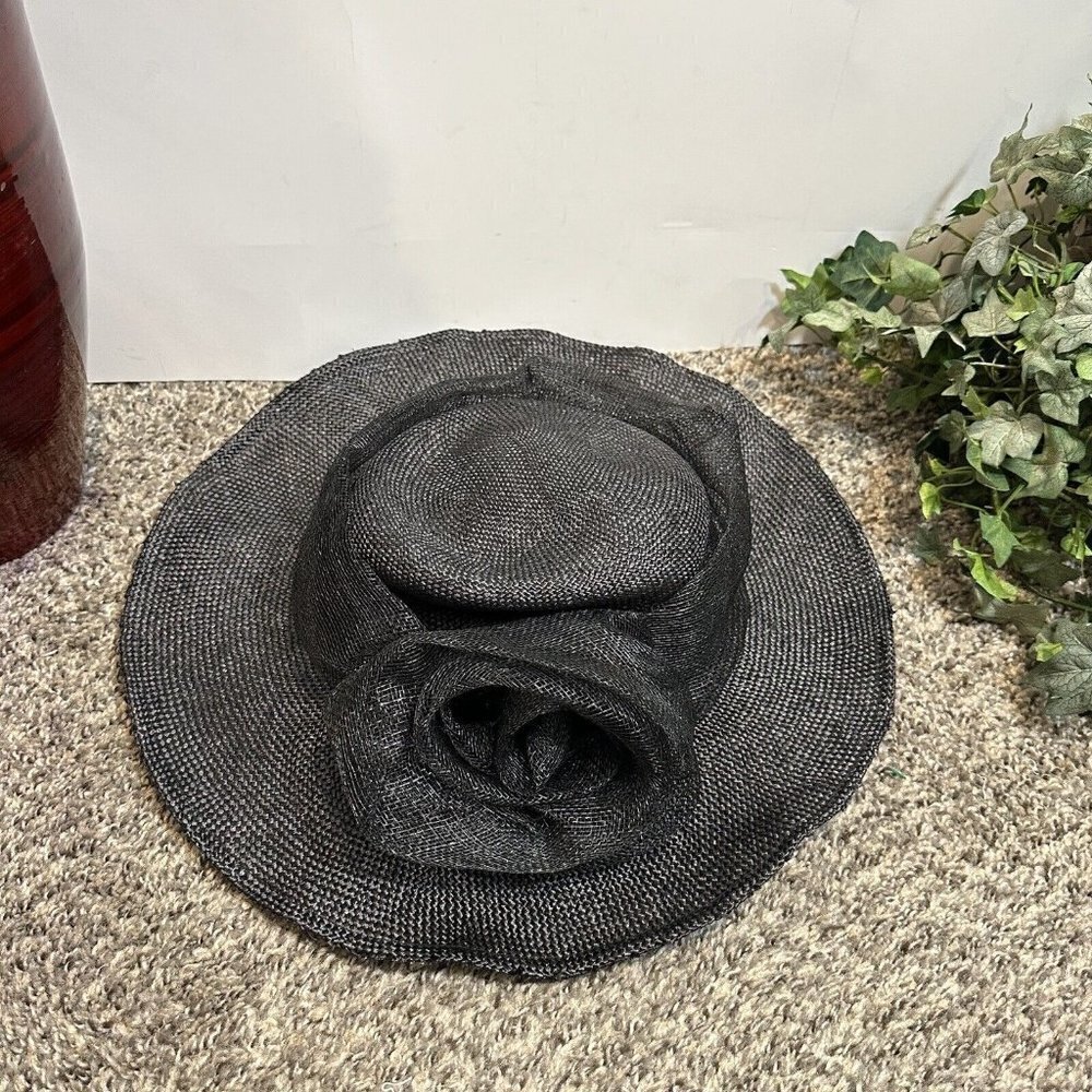VINTAGE Henri Bendel Wide Brim Black Straw Church Sun Hat ITALY